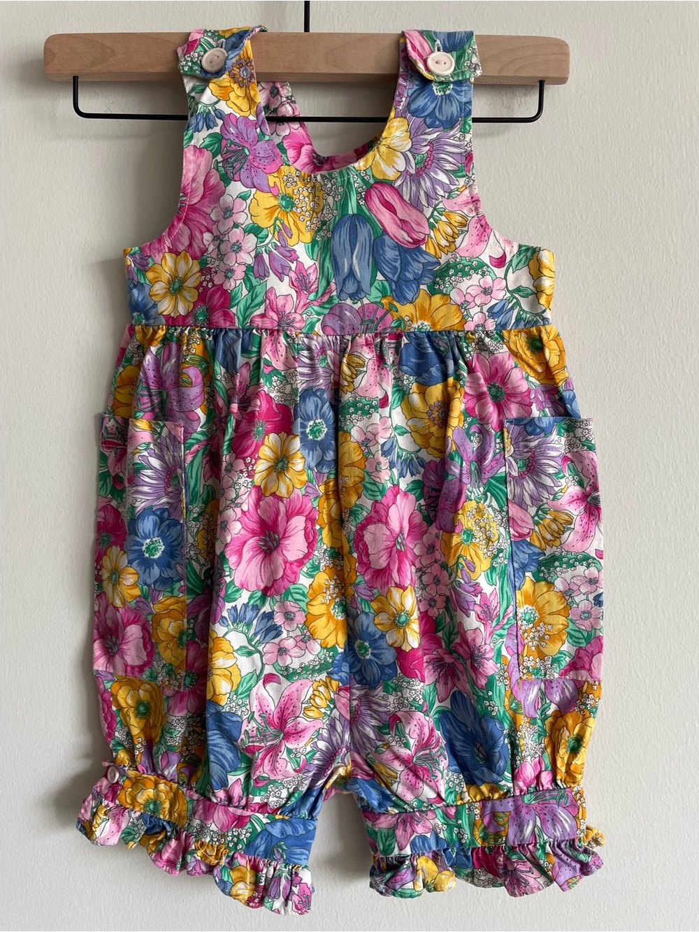 Cotton Kids Retro 90s Floral Onesie Overalls Pockets Ruffles 4-5